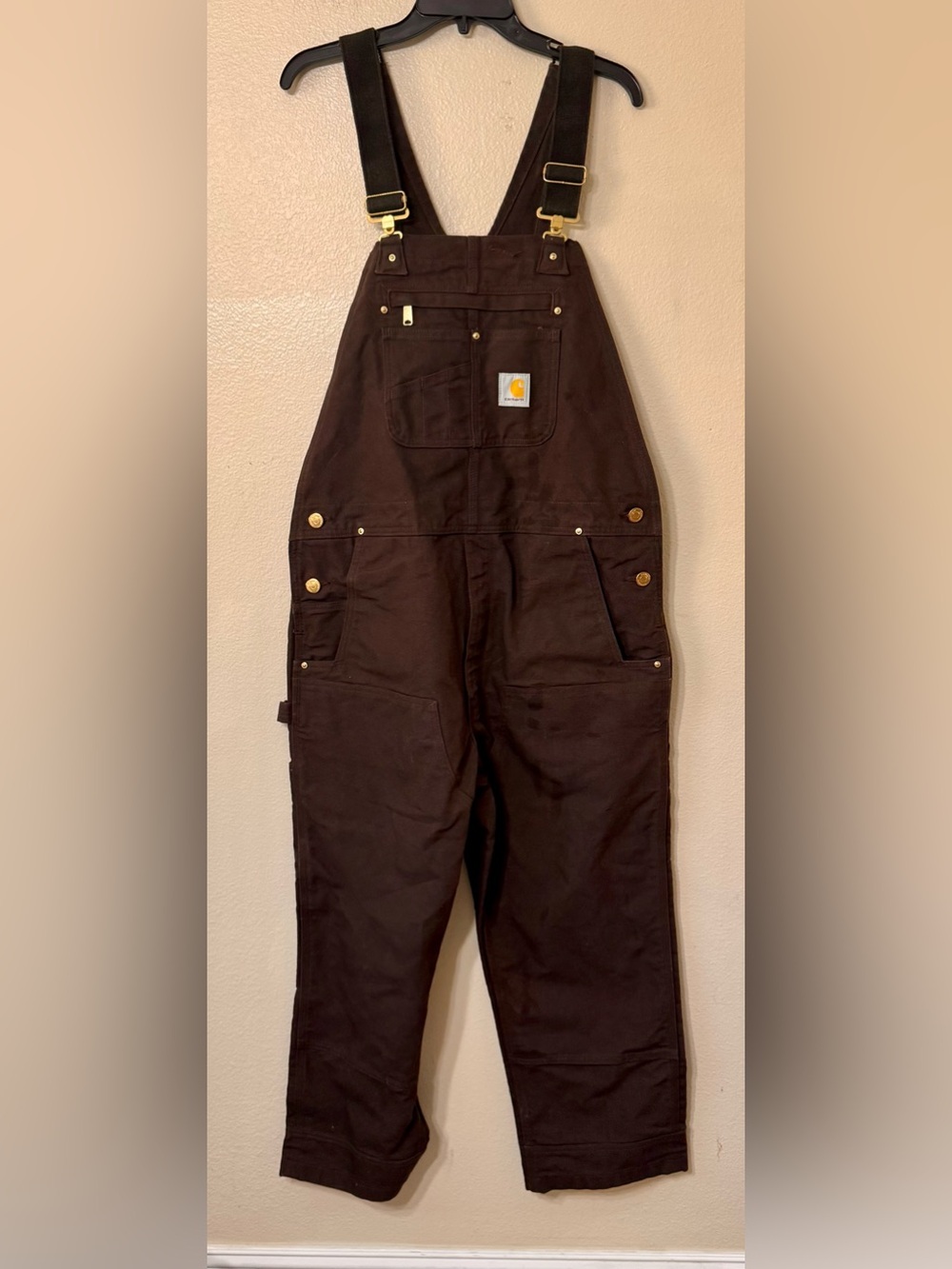 Carhartt R01 Duck Bib Overalls Men’s 38x28 Dark Brown Double Knee 102776